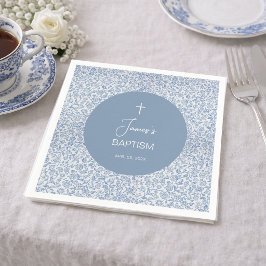 Guardanapo De Papel Batismo Menino Azul e Branco Padrão Floral Elegant