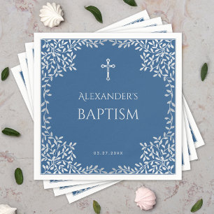 Guardanapo De Papel Batismo Menino Clássico Azul Falso Folhas Prata Or