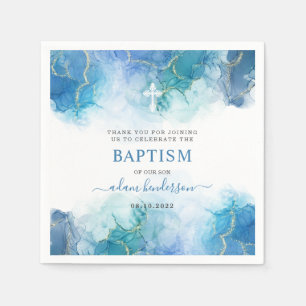 Guardanapo De Papel Batismo Moderno Blue Watercolor - Obrigado