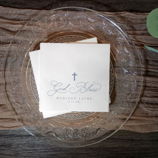 Guardanapo De Papel Batismo Primeira Comunhão Dusty Cruz Deus abençoe  (Dusty blue God Bless baptism napkins with cross—personalized for a soft, elegant celebration.)