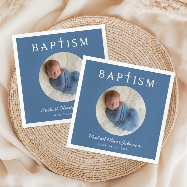 Guardanapo De Papel Batismo religioso azul moderno (Modern Blue Religious Cross Photo Baptism Napkins)
