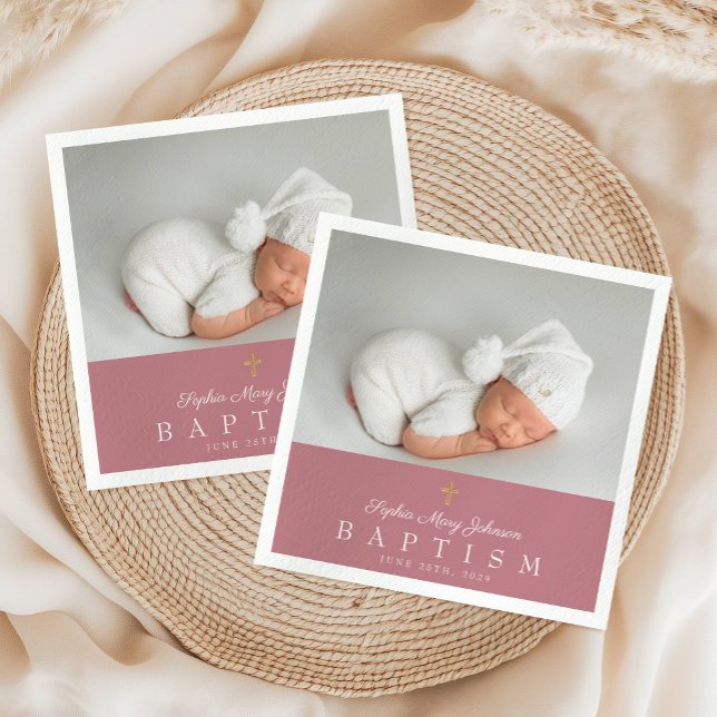 Guardanapo De Papel Batismo religioso Elegante Cruz Rosa (Elegant Religious Cross Pink Photo Girl Baptism Napkins)