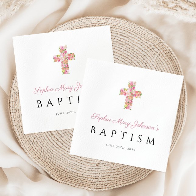 Guardanapo De Papel Batismo religioso religioso rosa-palha (Elegant Religious Pink Floral Cross Baptism Napkins)