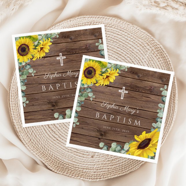 Guardanapo De Papel Batismo Russo Floral de Girassol (Rustic Floral Sunflower Cross Baptism Napkins)