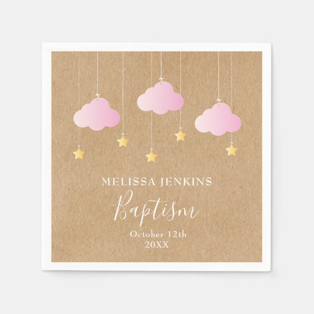 Guardanapo De Papel Batismo Rústico Crisma Nuvens Rosadas Estrelas Dou (Frente)