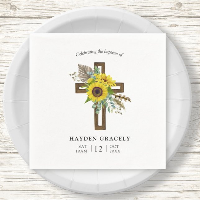 Guardanapo De Papel Batismo Rústico Simples De Madeira De Girassol (Criador carregado)