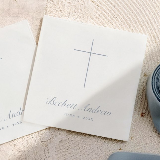 Guardanapo De Papel Batismo Simples em Azul Desbotado Cruz Script (Simple Dusty Blue Cross Script Baptism, Christening or First Holy Communion Napkins.)