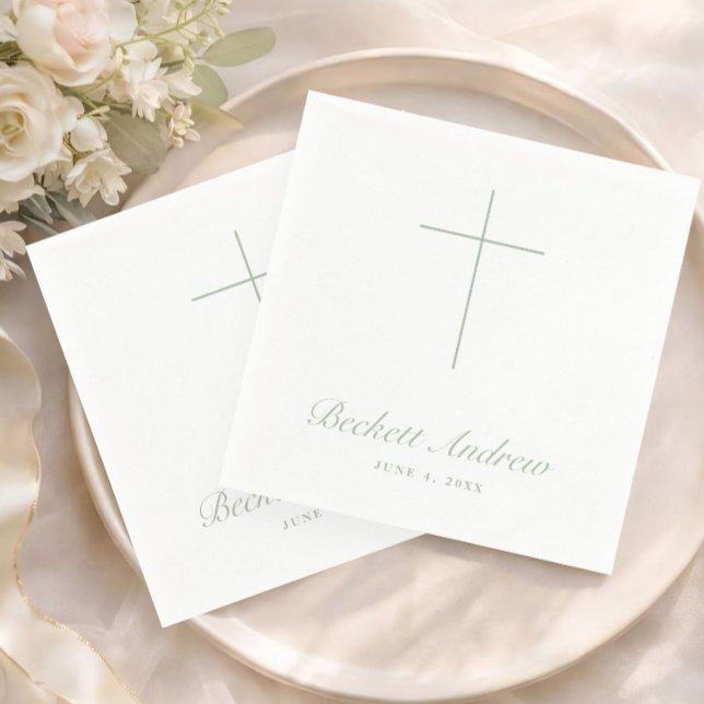 Guardanapo De Papel Batismo Simples em Verde Sage com Cruz em Letra Ma (Simple Sage Green Cross Script Baptism, Christening or First Holy Communion Napkins.)