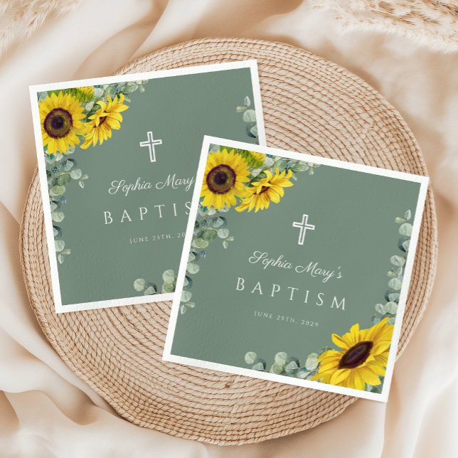 Guardanapo De Papel Batismo Verde da Cruz Floral Elegante (Elegant Sage Green Floral Cross Baptism Napkins)
