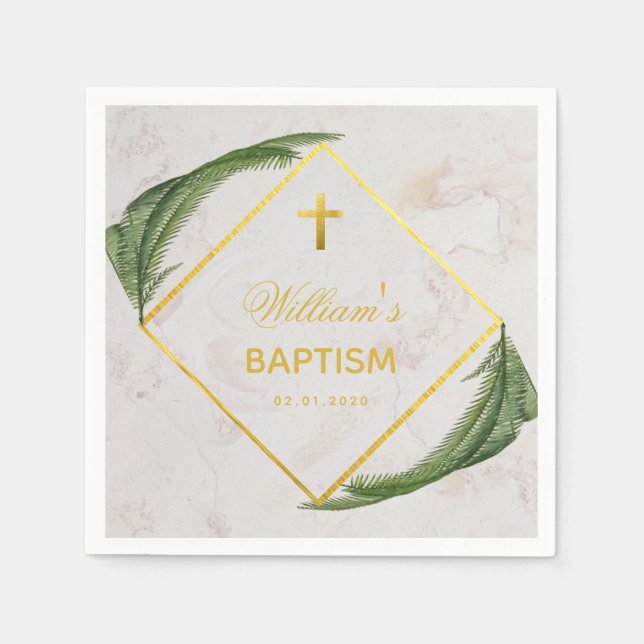 Guardanapo De Papel Batismo Verde Marble Faux Gold Foil Fern Folhas (Frente)