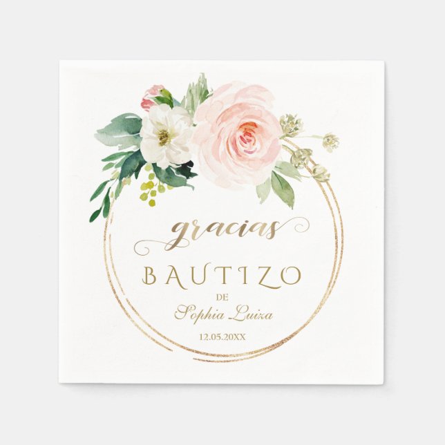 Guardanapo De Papel Bautizo Dourado Floral , Espanhol, Rosa Único (Frente)