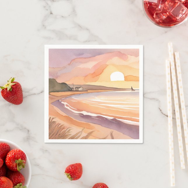 Guardanapo De Papel Beach Sunset Watercolor | Linda Pintura Oceânica (Insitu)