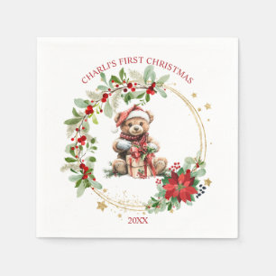 Guardanapo De Papel Bear Poinsettia Foliage Bebê Primeiro Natal