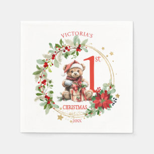 Guardanapo De Papel Bear Poinsettia Foliage Bebê Primeiro Natal