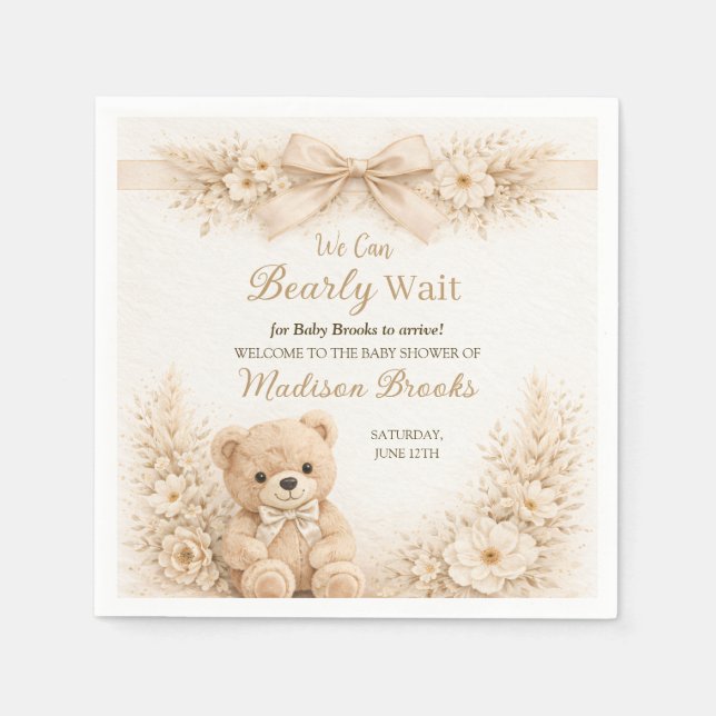 Guardanapo De Papel Bearly Wait Neutral Teddy Bear Baby Shower Boho (Frente)