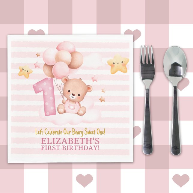 Guardanapo De Papel Beary Sweet One Birthday | Pink Boho Bear Girl (Criador carregado)