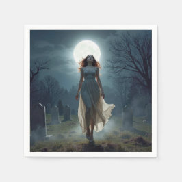Guardanapo De Papel Beautiful Woman Walking In a Moonlit Cemetery
