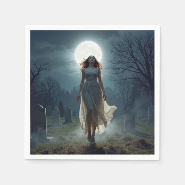 Guardanapo De Papel Beautiful Woman Walking In a Moonlit Cemetery (Frente)