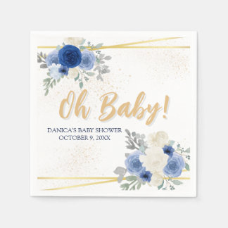 Guardanapo De Papel Bebê Azul Floral e Chá de fraldas Dourado Napkins