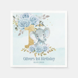 Guardanapo De Papel Bebê Azul Floral Elefante Bonito Menino 1º Anivers