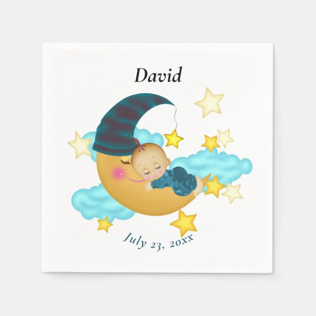 Guardanapo De Papel Bebê de chapéu azul escuro em uma lua (Frente)