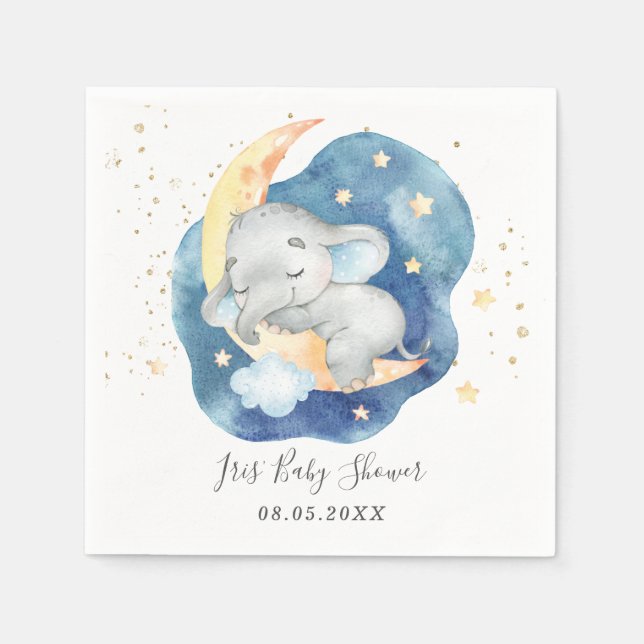 Guardanapo De Papel Bebê Elefante Adormecido Lua Estrela Menino Chuvei (Frente)