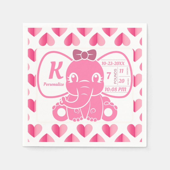 Guardanapo De Papel Bebê Elefante Anunciando Rapariga Rosa (Frente)
