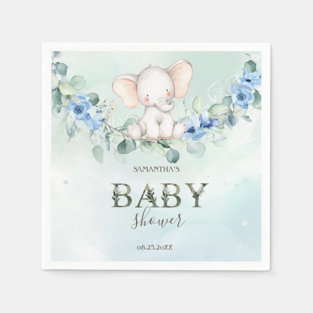 Guardanapo De Papel Bebê Elefante Fofo Rosas Azuis (Frente)