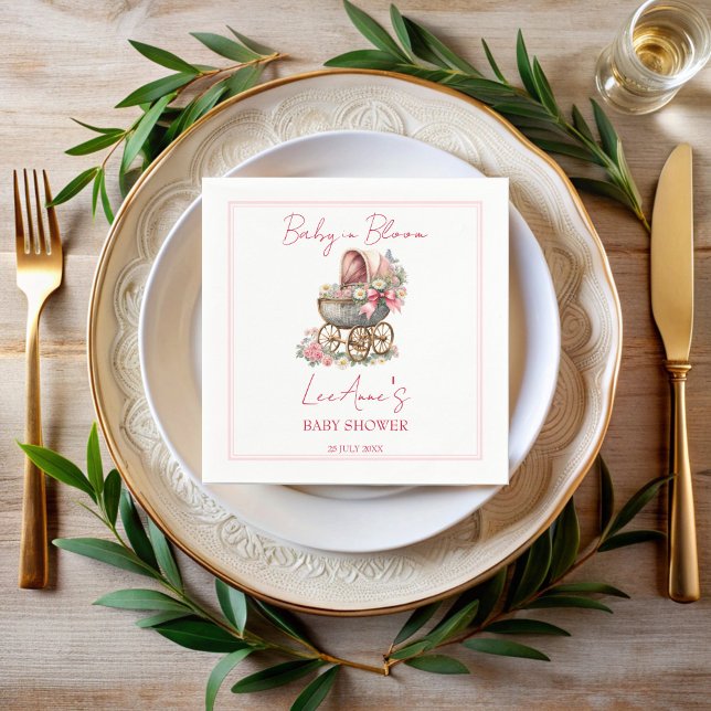 Guardanapo De Papel Bebê em carruagem florescente chá de fraldas de fl (Baby in bloom vintage carriage   pink bow flowers monogrammed baby shower napkins personalized decor)