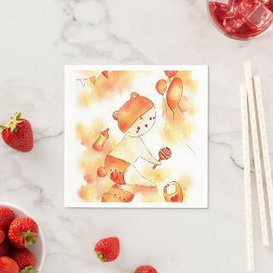 Guardanapo De Papel Bebê Fofo & Brinquedos Aquarela Laranja 1º Anivers