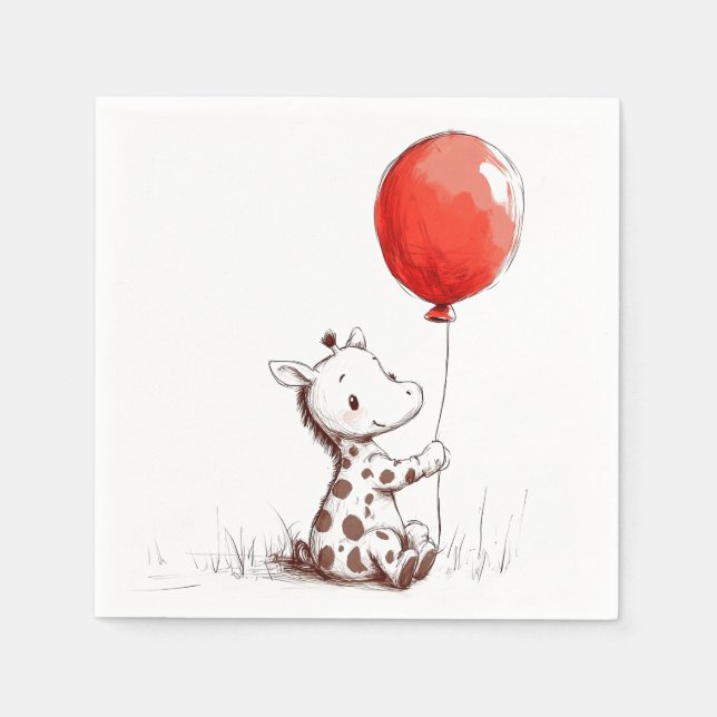 Guardanapo De Papel Bebê girafa adorável com balão vermelho (Frente)