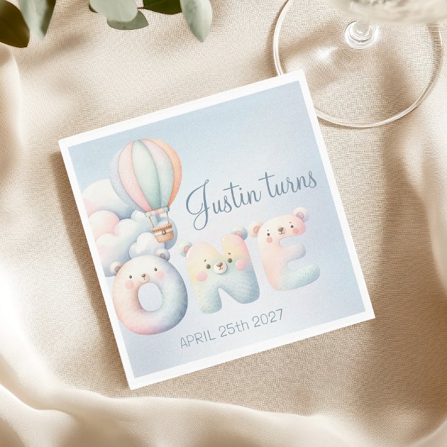 Guardanapo De Papel Bebê primeiro aniversario teddybear balão de ar qu (Criador carregado)