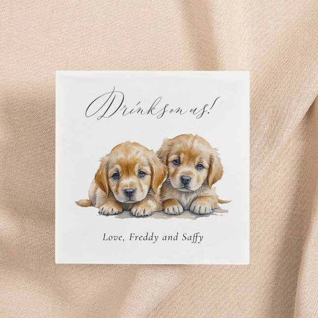 Guardanapo De Papel Bebidas No Casamento De Cachorros De Pet Simples,  (This "Drinks on us!" cocktail napkin can be customized with your own pups and text.)