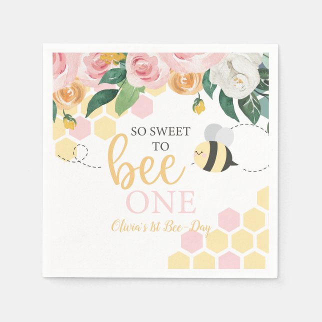 Guardanapo De Papel Bee Day Bumblebee primeiro aniversario rosa floral (Frente)