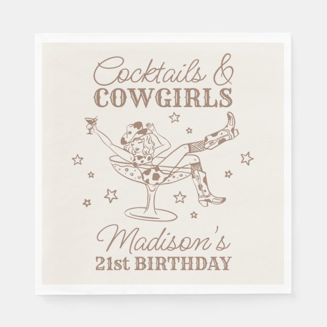 Guardanapo De Papel Beige Cocktails e Cowgirl Rodeo Aniversário (Frente)