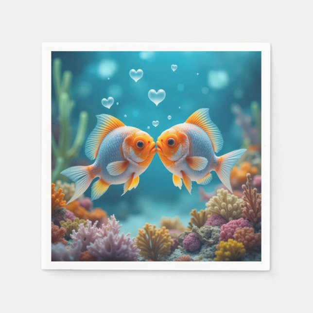 Guardanapo De Papel Beijo De Peixes Oceânicos Com Bolhas De Coração (Frente)