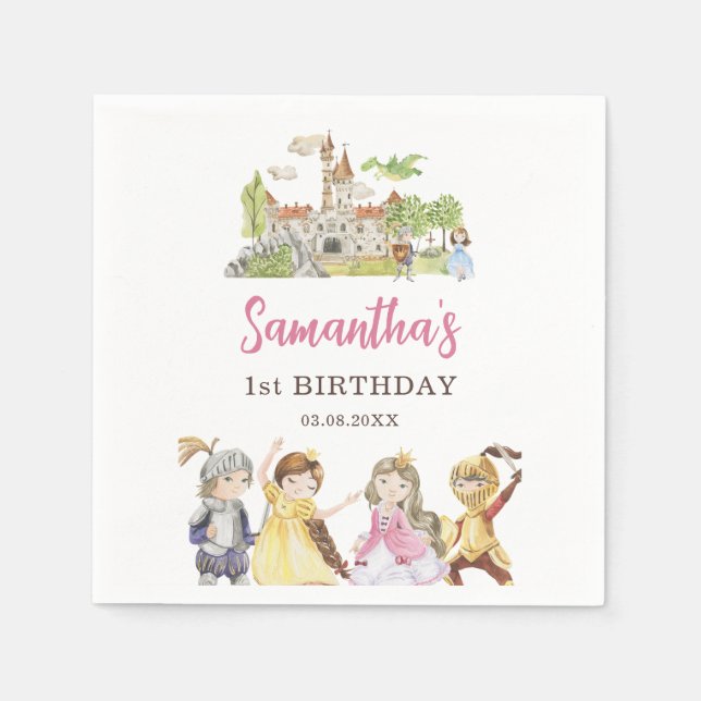 Guardanapo De Papel Bela princesa e cavaleiros Aniversário (Frente)