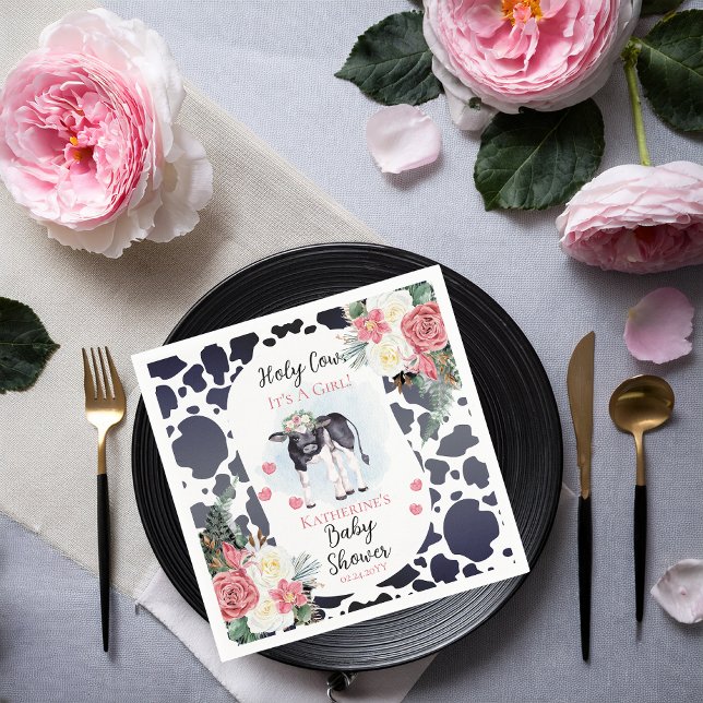 Guardanapo De Papel Bela vaca, é uma Chá de fraldas (Cute "Holy Cow, It's A Girl!" Black and White Cow Theme | Pink Floral Baby Shower Paper Napkins)