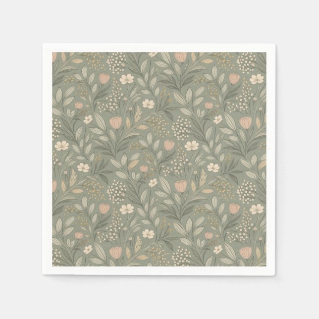 Guardanapo De Papel Belas Flores em Cores Terrosas Verde Sage (Frente)