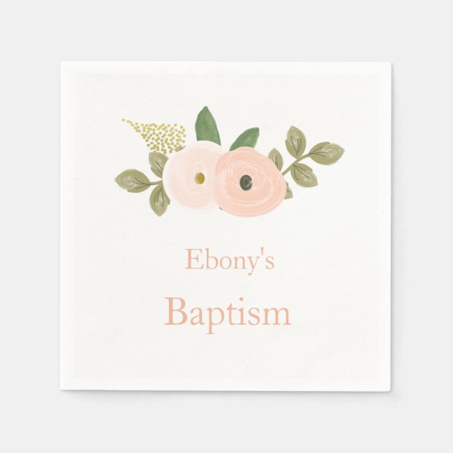Guardanapo De Papel Belo Pêssego Floral Baptism Christening Napkin (Frente)