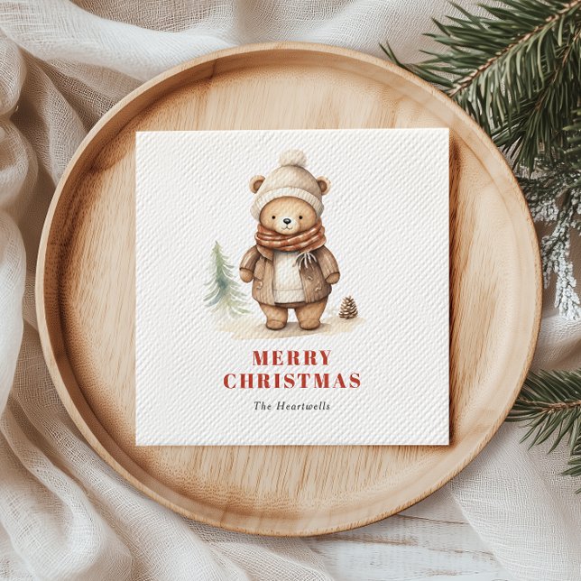 Guardanapo De Papel Belo Urso de Aquarela Feliz Feriado de Natal (Criador carregado)