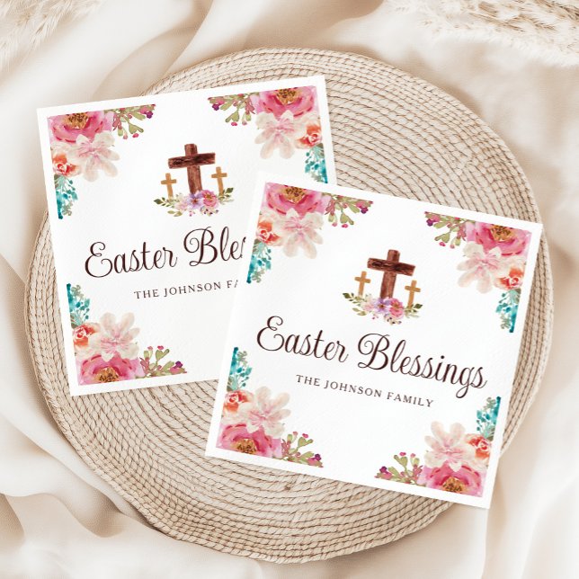 Guardanapo De Papel Bênçãos Elegantes de Páscoa Cruz Floral (Elegant Easter Blessings Floral Cross Napkins)