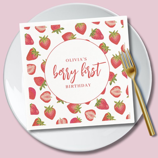 Guardanapo De Papel Berry First Birthday Girls morango (Personalised girls paper napkins for berry first birthday party.)