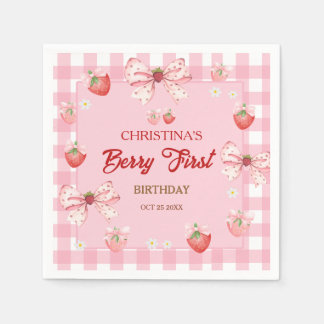 Guardanapo De Papel Berry first birthday pink strawberry gingham girl