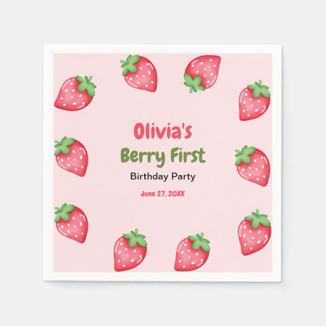 Guardanapo De Papel Berry First Birthday Strawberry primeiro aniversar (Frente)