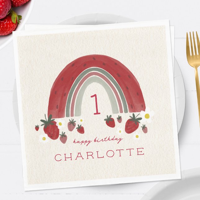 Guardanapo De Papel Berry First Birthday Strawberry Rainbow Floral (Criador carregado)