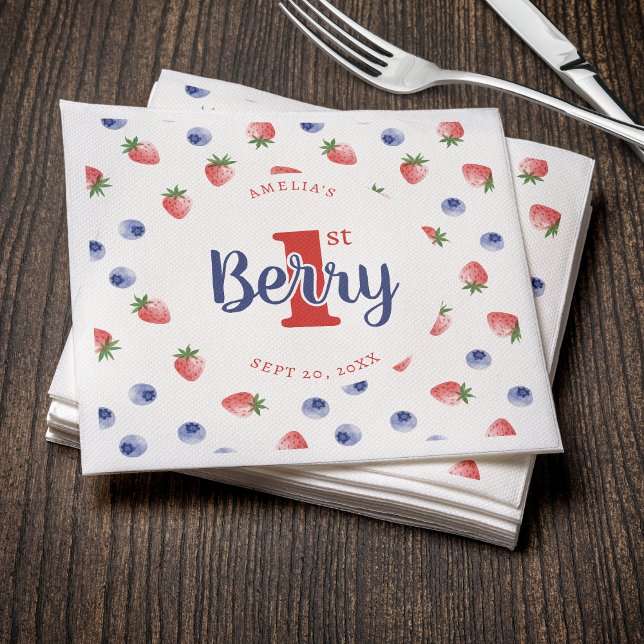 Guardanapo De Papel Berry First Festa de aniversário Strawberry & Blue (Berry First Birthday Party Strawberry & Blueberry Napkins
)