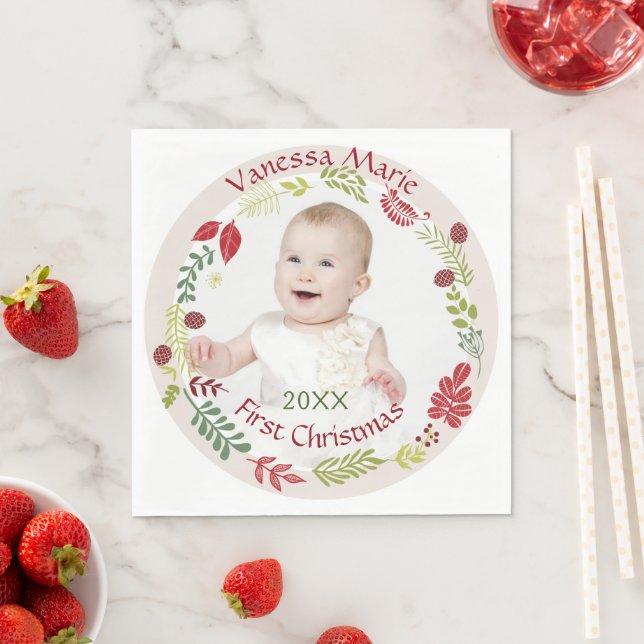 Guardanapo De Papel Berry Wreath Baby é o primeiro Natal (Insitu)