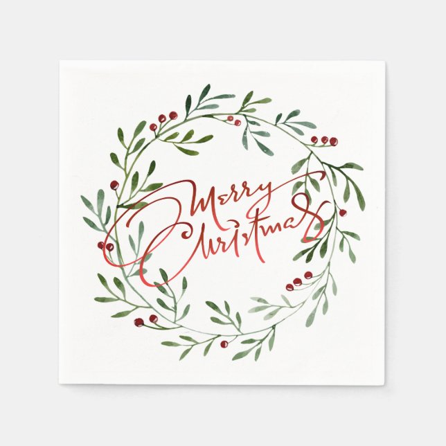 Guardanapo De Papel Berry Wreath Gradient Red Script Feliz Natal (Frente)