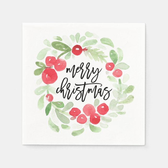 Guardanapo De Papel Berry Wreath Merry Christmas Watercolor (Frente)